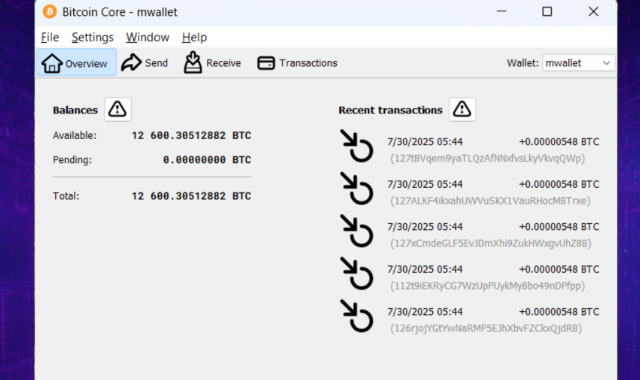 Bitcoin Core wallet showing 12,600 BTC locked